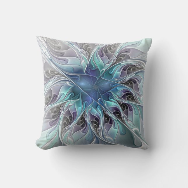 Flourish Abstract Modern Fractal Flower With Blue Throw Pillow (Front)