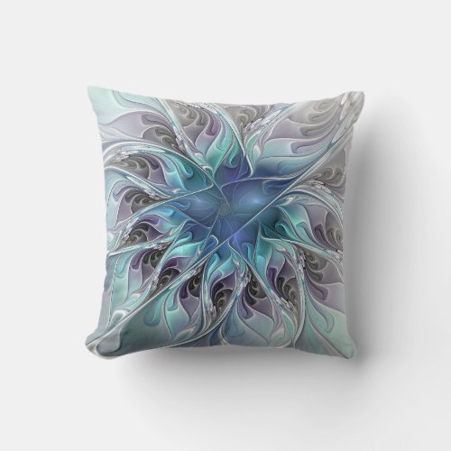 Flourish Abstract Modern Fractal Flower With Blue Throw Pillow