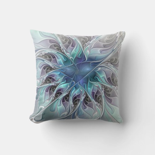 Flourish Abstract Modern Fractal Flower With Blue Throw Pillow
