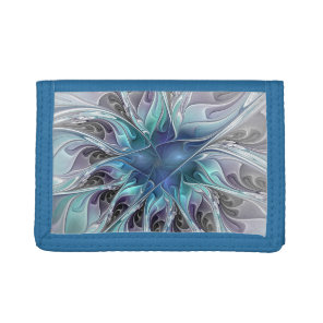Flourish Abstract Modern Fractal Flower With Blue Tri-fold Wallet