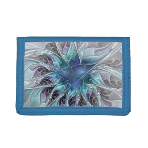 Flourish Abstract Modern Fractal Flower With Blue Trifold Wallet