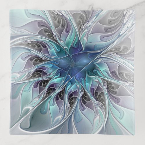 Flourish Abstract Modern Fractal Flower With Blue Trinket Tray