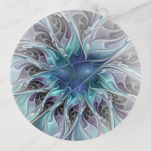 Flourish Abstract Modern Fractal Flower With Blue Trinket Tray