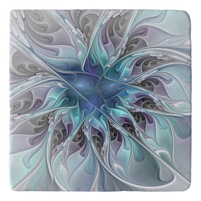 Flourish Abstract Modern Fractal Flower With Blue Trivet (Front)