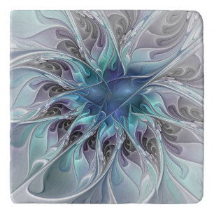 Flourish Abstract Modern Fractal Flower With Blue Trivet