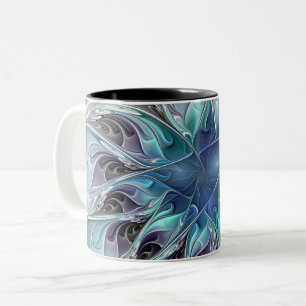 Flourish Abstract Modern Fractal Flower With Blue Two-Tone Coffee Mug