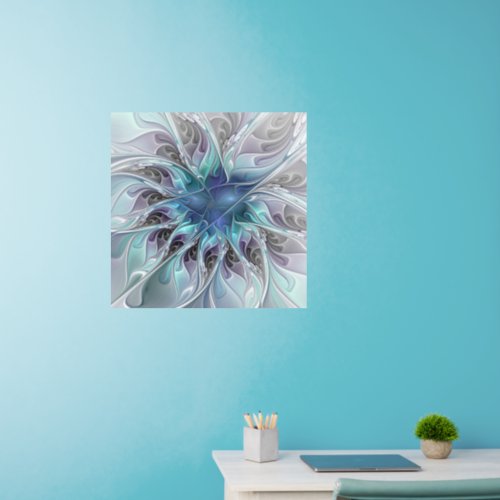 Flourish Abstract Modern Fractal Flower With Blue Wall Decal