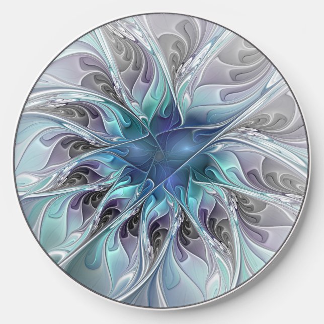 Flourish Abstract Modern Fractal Flower With Blue Wireless Charger (Front)
