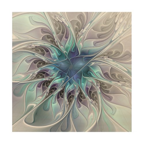 Flourish Abstract Modern Fractal Flower With Blue Wood Wall Decor
