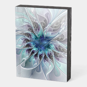 Flourish Abstract Modern Fractal Flower With Blue Wooden Box Sign