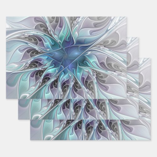 Flourish Abstract Modern Fractal Flower With Blue Wrapping Paper Sheets