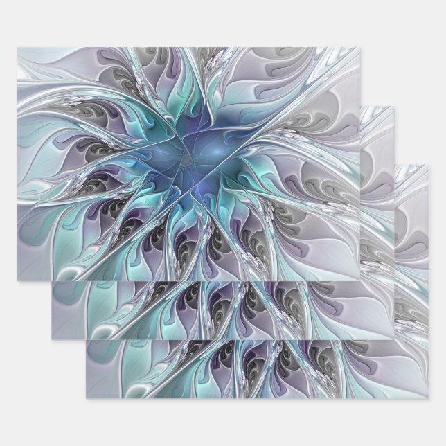 Flourish Abstract Modern Fractal Flower With Blue Wrapping Paper Sheets (Set)