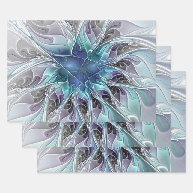 Flourish Abstract Modern Fractal Flower With Blue Wrapping Paper Sheets (Set)