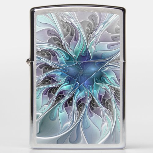 Flourish Abstract Modern Fractal Flower With Blue Zippo Lighter