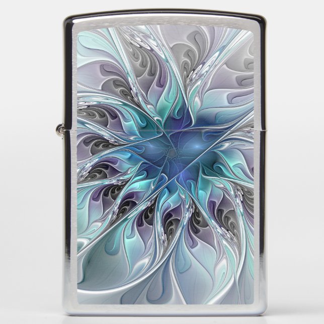 Flourish Abstract Modern Fractal Flower With Blue Zippo Lighter (Front)