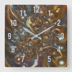 Flourish Abstract Modern Gold Fractal Flower Square Wall Clock