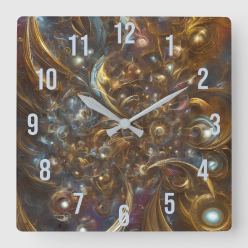 Flourish Abstract Modern Gold Fractal Flower Square Wall Clock