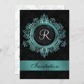flourish aqua monogram elegant wedding Invitations (Front/Back)