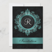 flourish aqua monogram elegant wedding Invitations