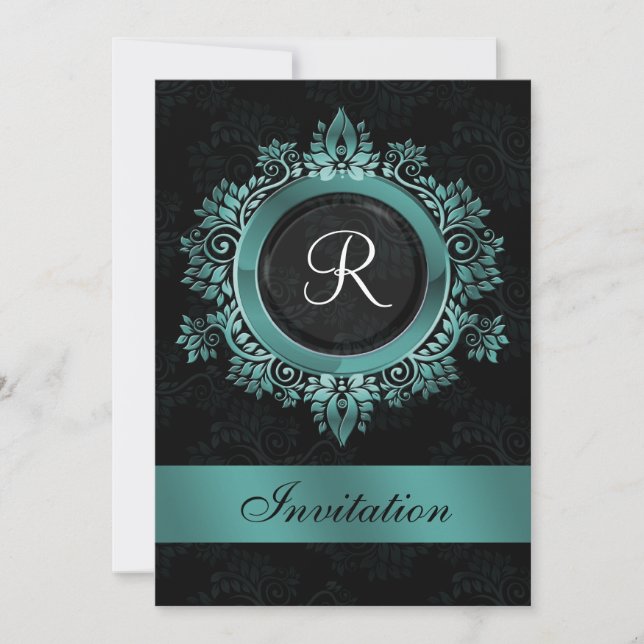 flourish aqua monogram elegant wedding Invitations (Front)