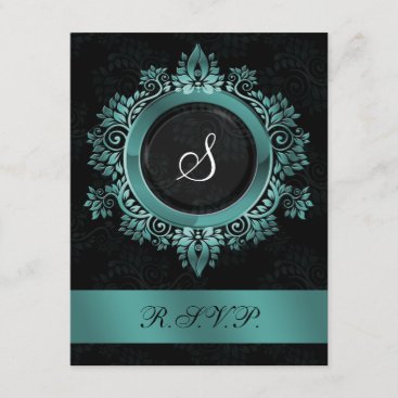 flourish aqua monogram elegant wedding RSVP
