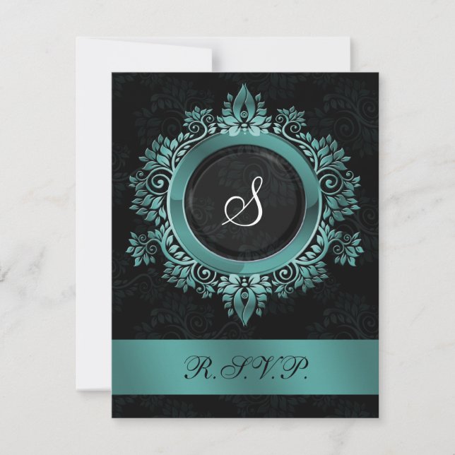 flourish aqua monogram elegant wedding RSVP (Front)