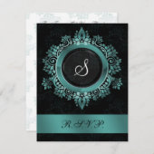flourish aqua monogram elegant wedding RSVP (Front/Back)
