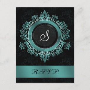 flourish aqua monogram elegant wedding RSVP Card