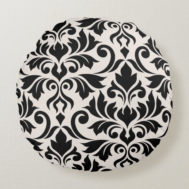 Flourish Damask Art I 2Way Black + Cream Round Pillow (Front)