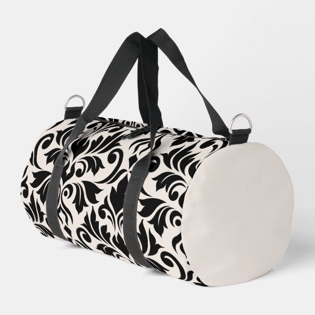 Flourish Damask Art I Black on Cream Duffle Bag (Left Corner)
