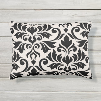 Flourish Damask Art I Black on Cream Outdoor Pillow