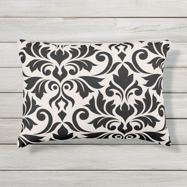 Flourish Damask Art I Black on Cream Outdoor Pillow (Front)