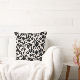 Flourish Damask Art I Black on Cream Throw Pillow