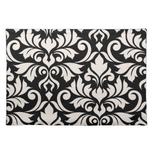 Flourish Damask Art I Cream on Black Cloth Placemat