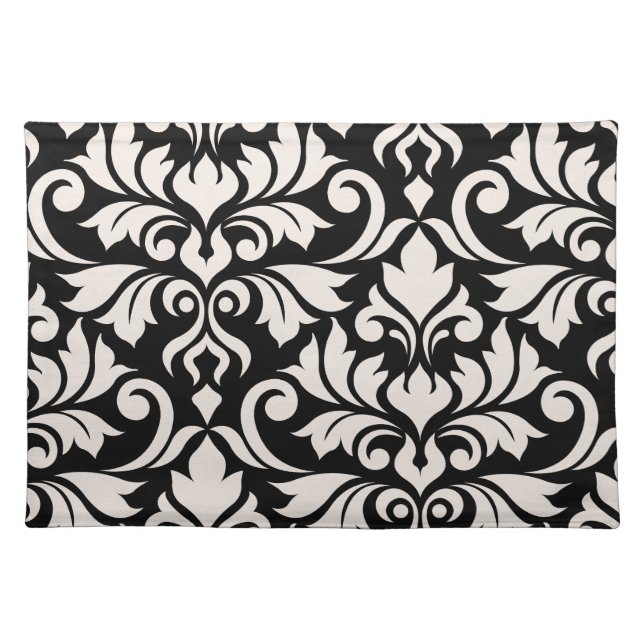 Flourish Damask Art I Cream on Black Cloth Placemat (Front)