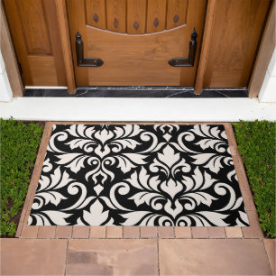 Flourish Damask Art I Cream on Black Doormat