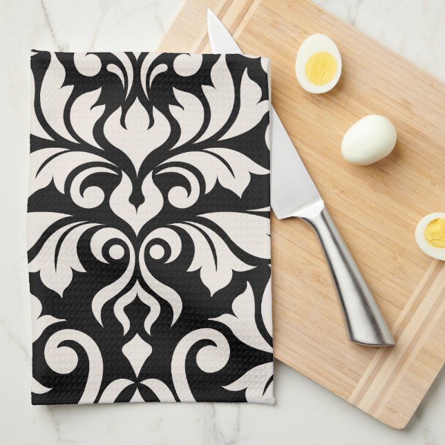 Flourish Damask Art I Cream on Black Kitchen Towel (Quarter Fold)