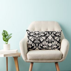 Flourish Damask Art I Cream on Black Lumbar Pillow