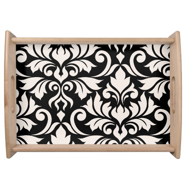 Flourish Damask Art I Cream on Black Serving Tray (Front)