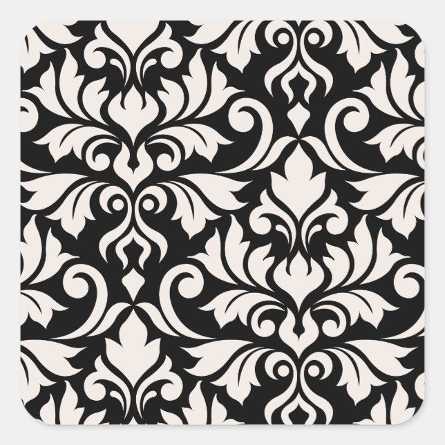 Flourish Damask Art I Cream on Black Square Sticker (Front)