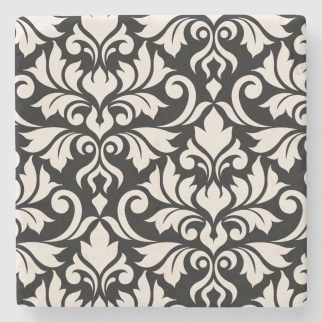Flourish Damask Art I Cream on Black Stone Coaster (Front)