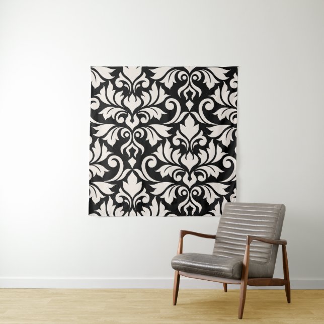 Flourish Damask Art I Cream on Black Tapestry (In Situ)