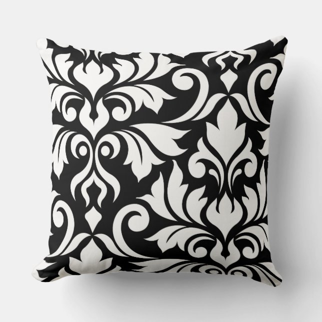 Flourish Damask Art I White on Black Throw Pillow (Front)