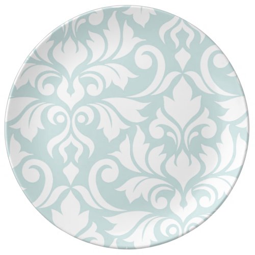 Flourish Damask Art I White on Duck Egg Blue Dinner Plate