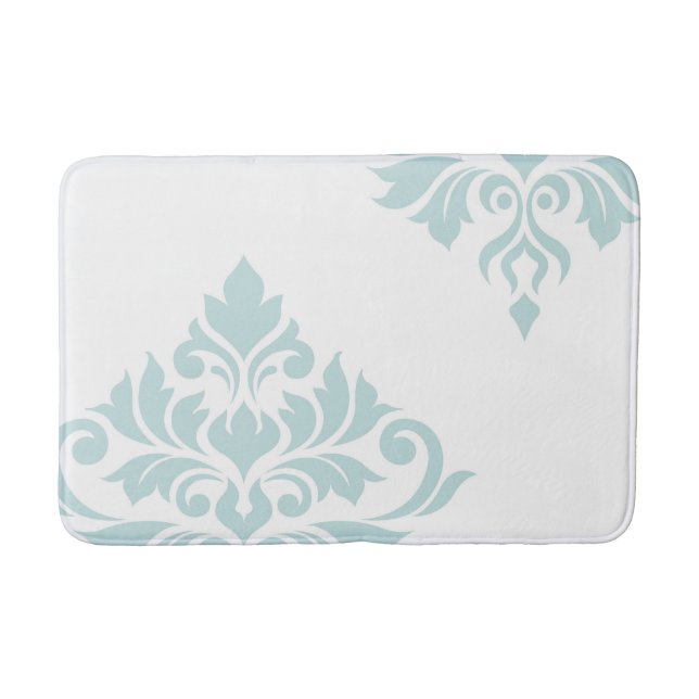 Flourish Damask Art II Duck Egg Blue on White Bath Mat (Front)
