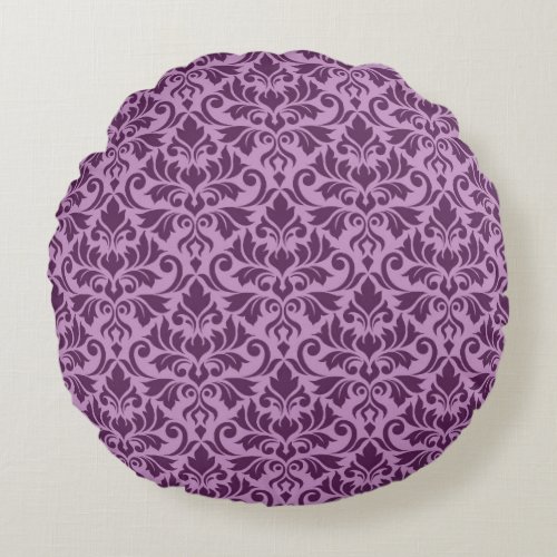 Flourish Damask Big Pattern Plum on Pink Round Pillow