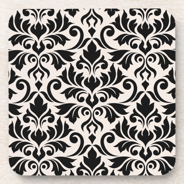 Flourish Damask Lg Pattern Black on Cream Beverage Coaster (Front)