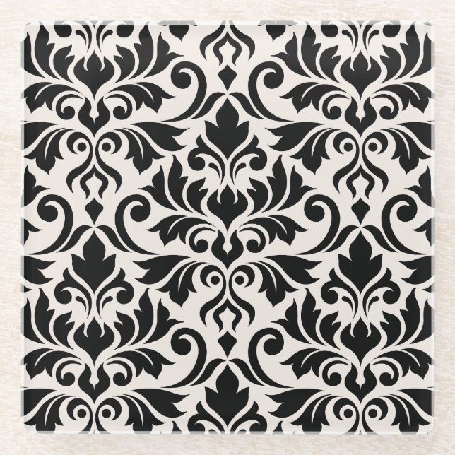 Flourish Damask Lg Pattern Black on Cream Glass Coaster (Front)