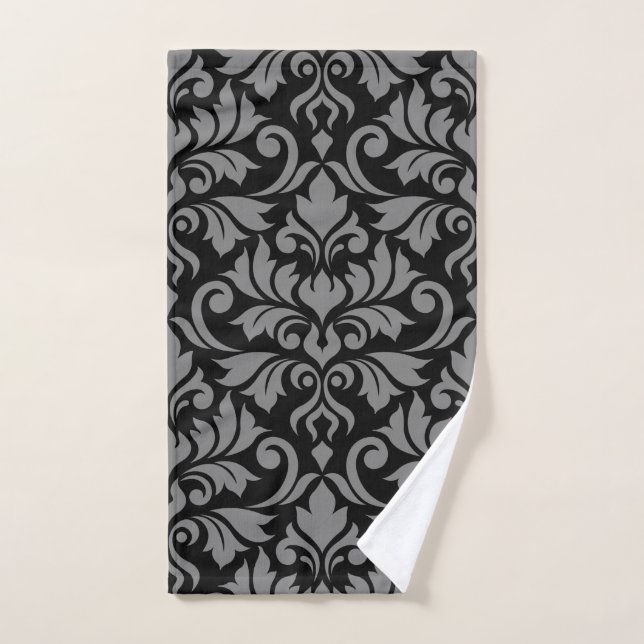 Flourish Damask Lg Pattern Gray on Black Hand Towel (Hand Towel)