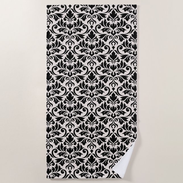 Flourish Damask Pattern Black on Cream Beach Towel (Front)